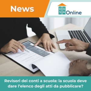 Rappresentazione grafica di un controllo dei revisori dei conti a scuola, con analisi di atti cartacei e verifica sul sito web.